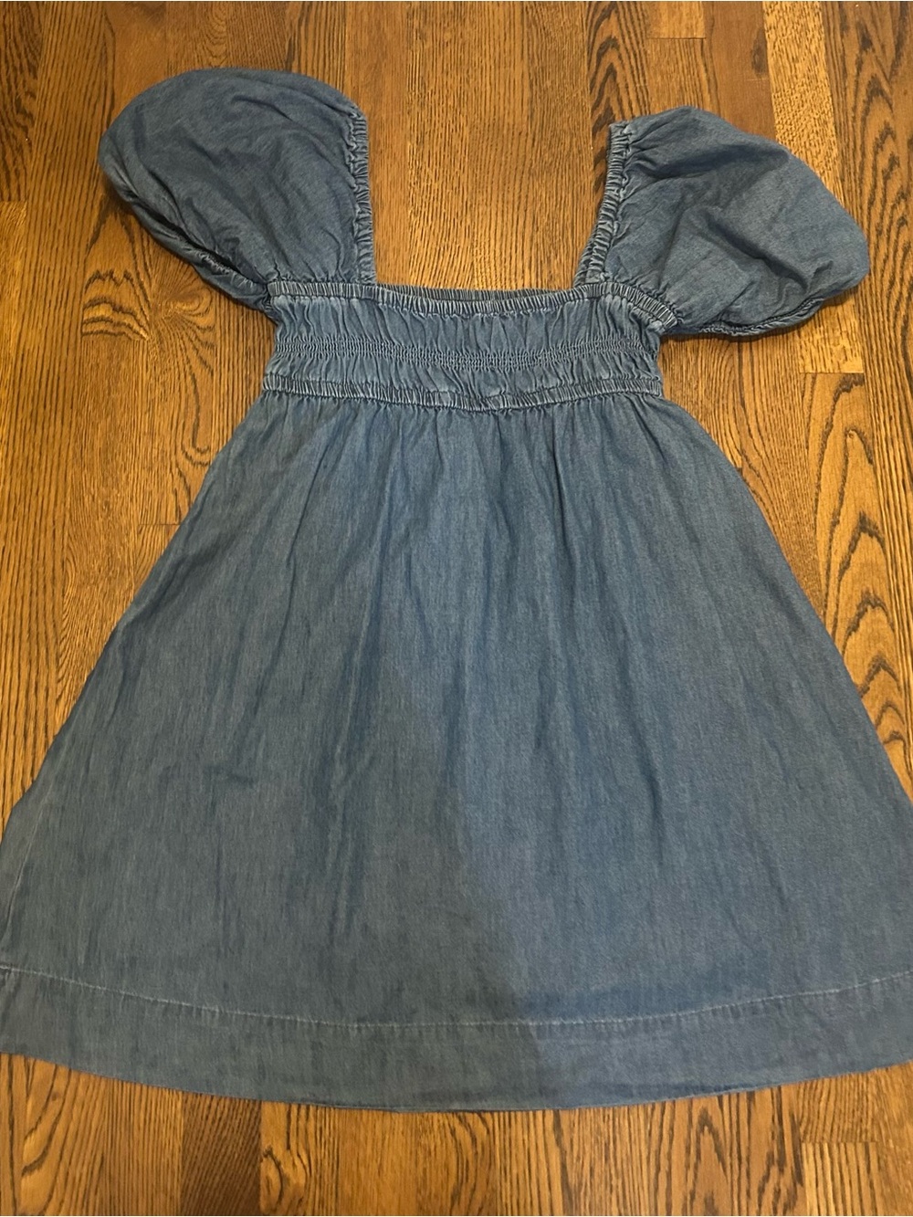 Smocked Square-Neck Mini Dress in denim with puff sleeves and pockets - Picture 6 of 12